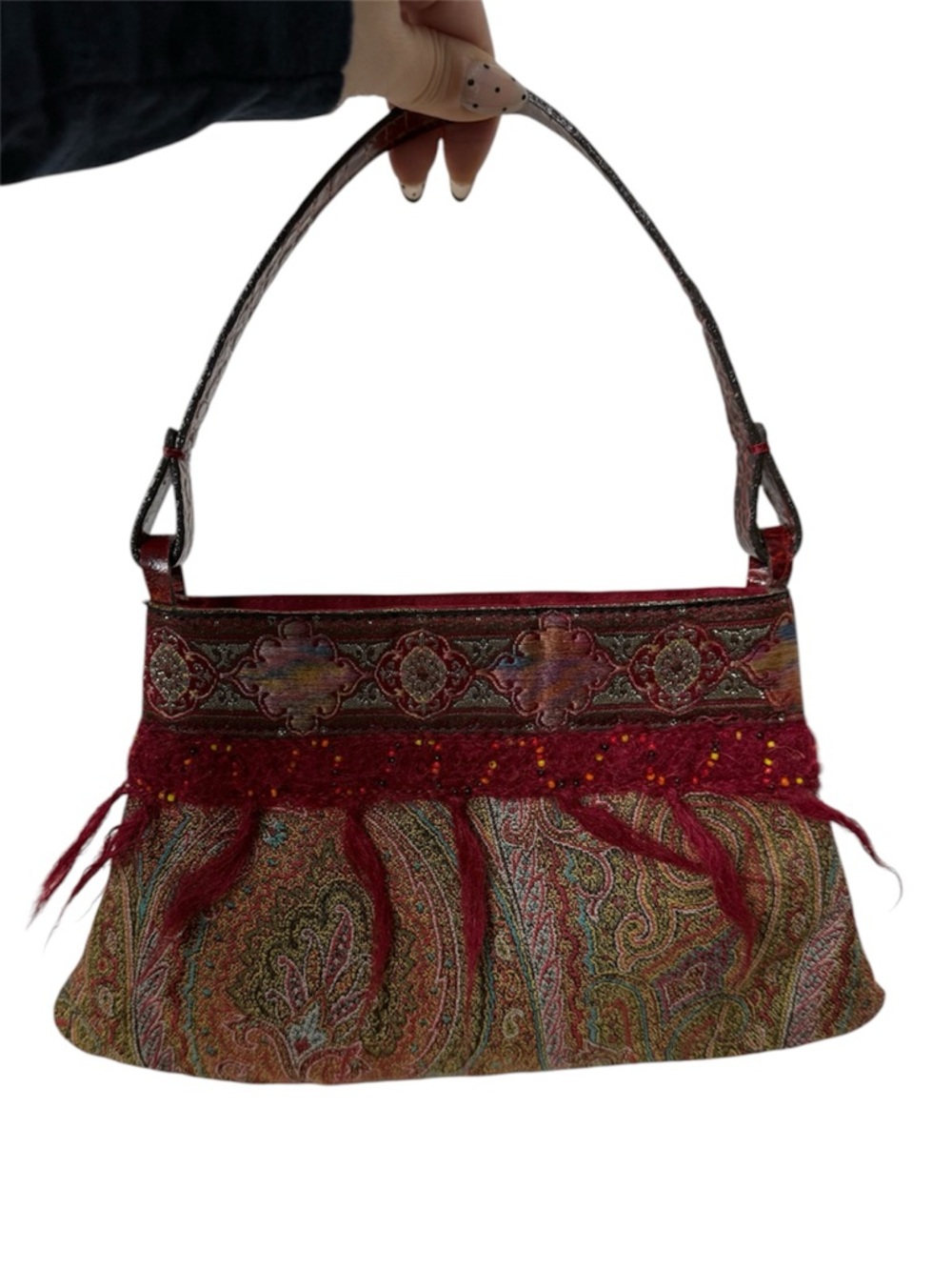 Rare ETRO Paisley Beaded Fringe Mini Shoulder Bag with Croc Strap